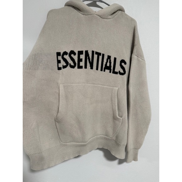 Fear of God Essentials Knit Hoodie Beige Logo‎ Pocket Men's M - Picture 7 of 7